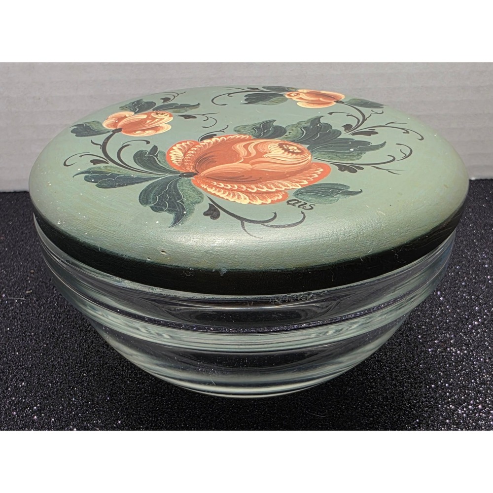 Vintage Arcoroc France Glass Bowl Rosemaling Painted Wood Lid Ann Stakston‎ 1988